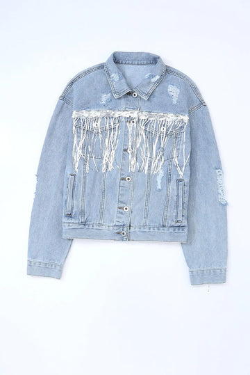 Sky Blue Sequin Embellished Fringe Distressed Denim Jacket - Outerwear/Denim jackets