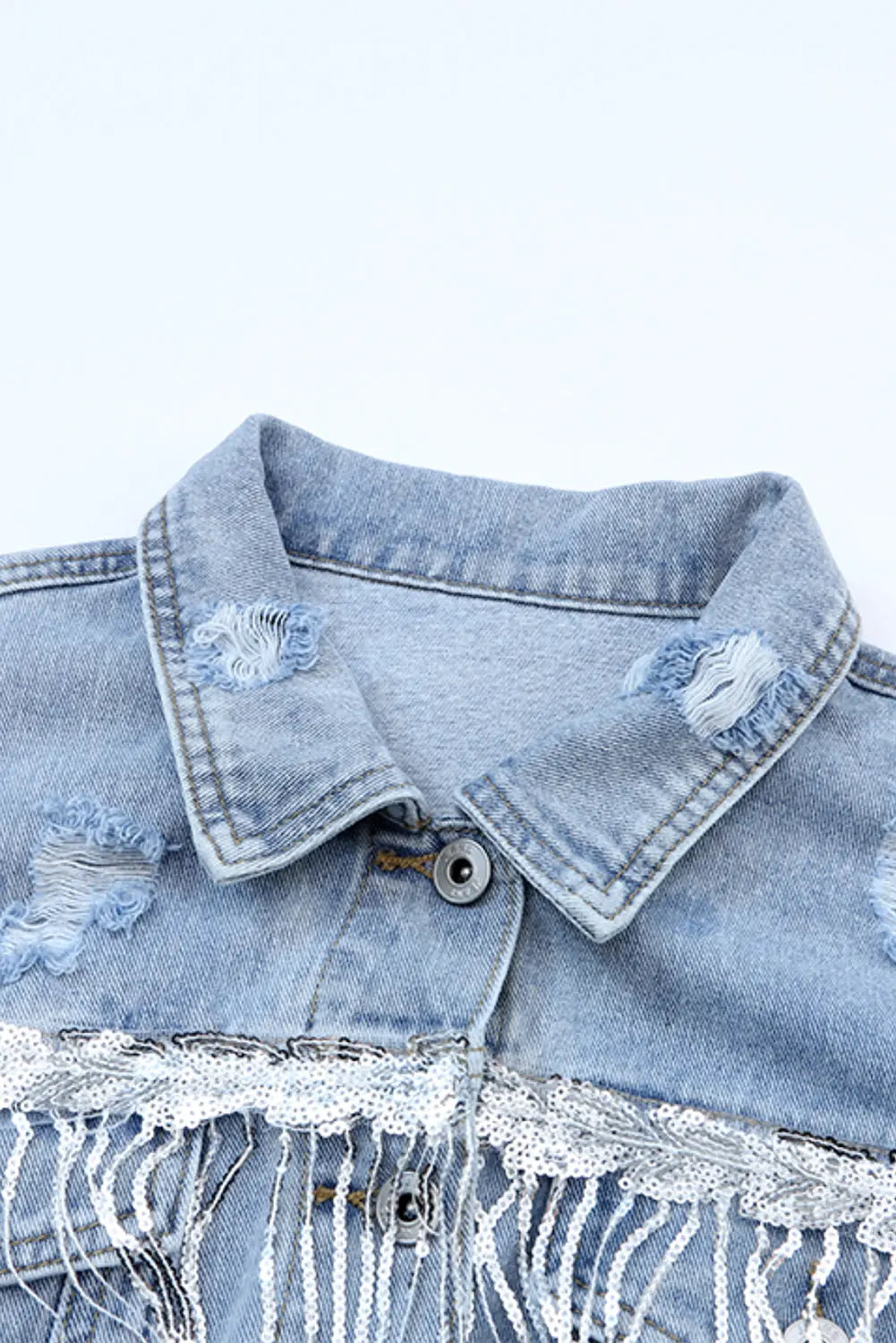 Sky Blue Sequin Embellished Fringe Distressed Denim Jacket - eAura