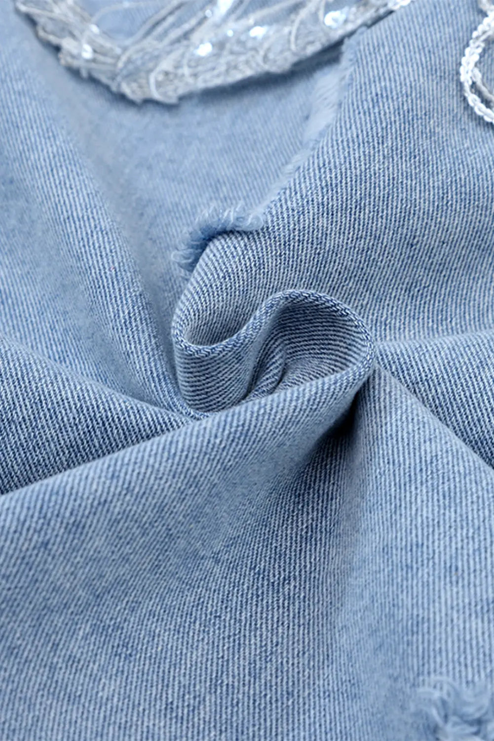 Sky Blue Sequin Embellished Fringe Distressed Denim Jacket - eAura