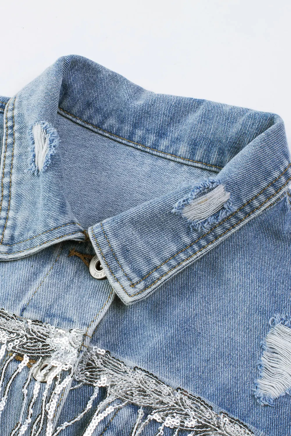 Sky Blue Sequin Embellished Fringe Distressed Denim Jacket - eAura