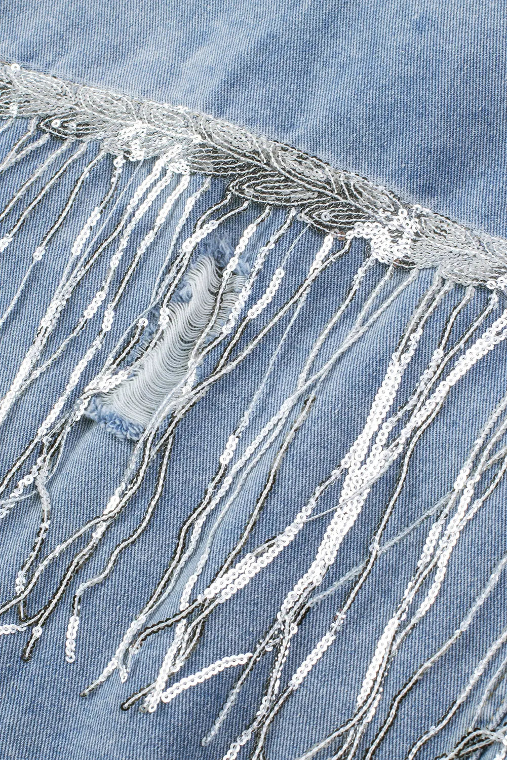 Sky Blue Sequin Embellished Fringe Distressed Denim Jacket - eAura