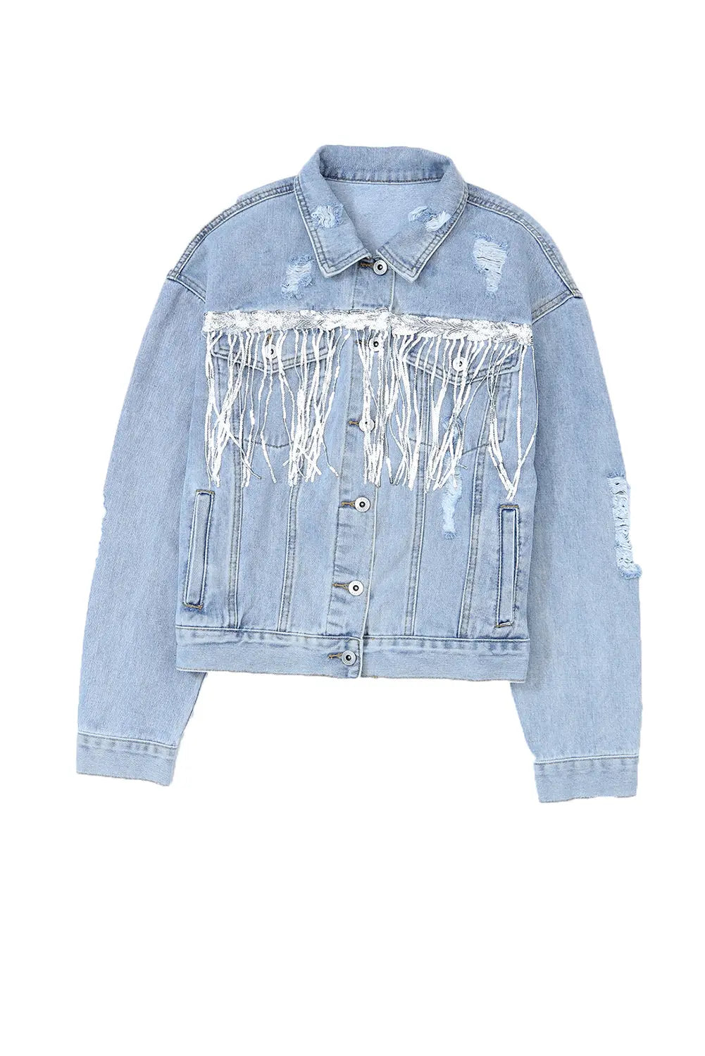 Sky Blue Sequin Embellished Fringe Distressed Denim Jacket - eAura