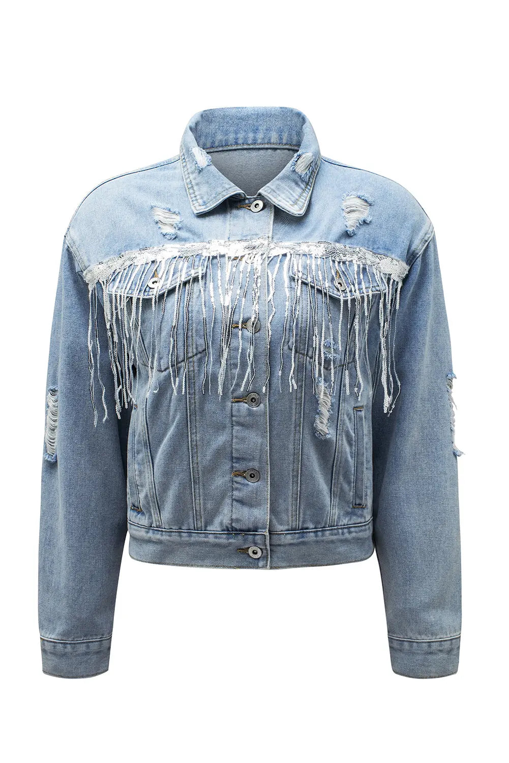 Sky Blue Sequin Embellished Fringe Distressed Denim Jacket - eAura