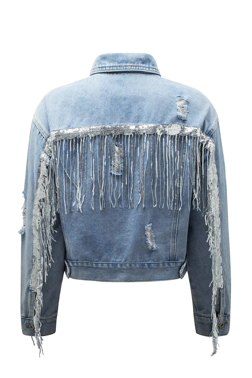 Sky Blue Sequin Embellished Fringe Distressed Denim Jacket - eAura