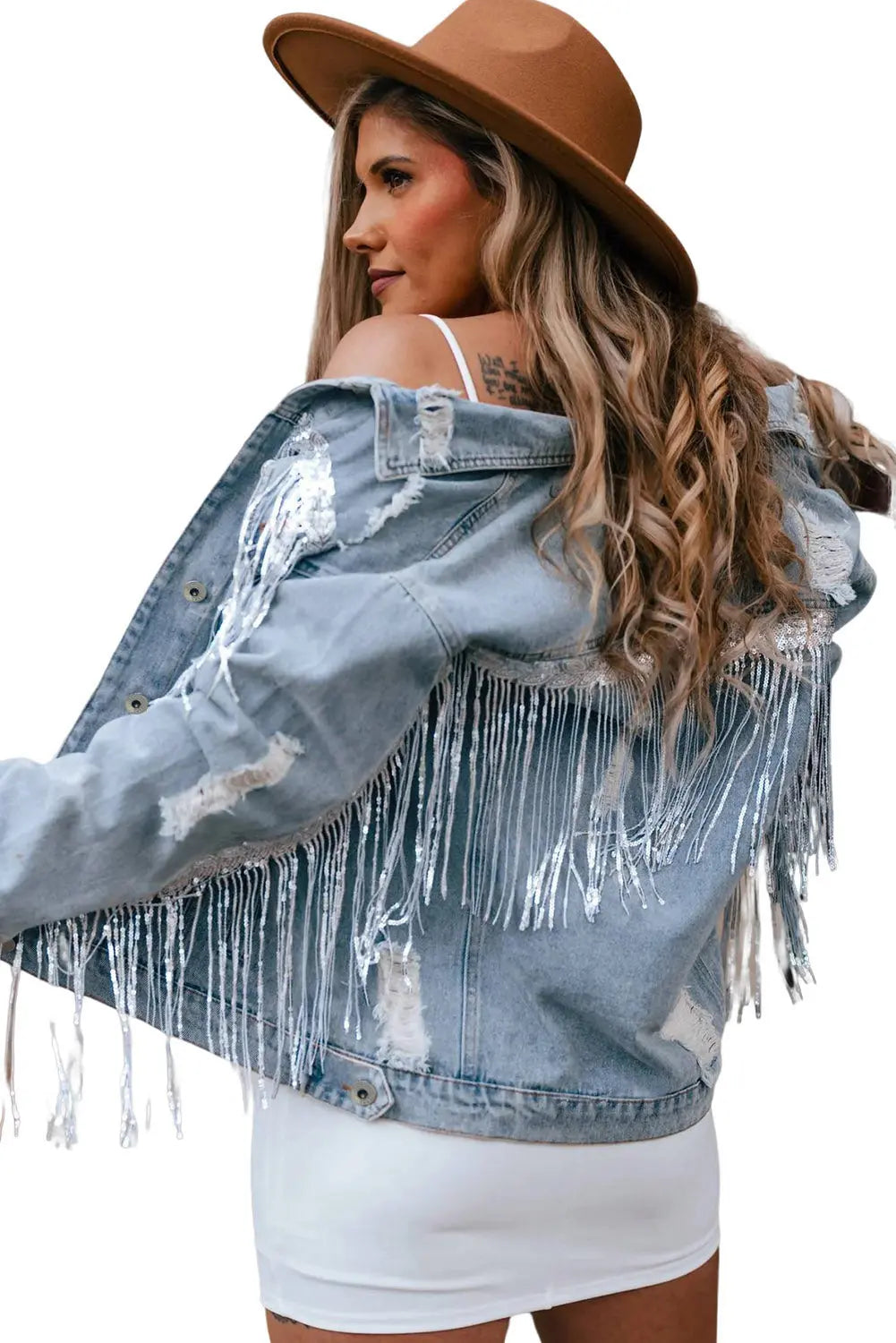 Sky Blue Sequin Embellished Fringe Distressed Denim Jacket - eAura