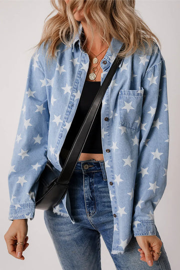 Sky Blue Star Print Light Wash Raw Hem Denim Jacket - eAura