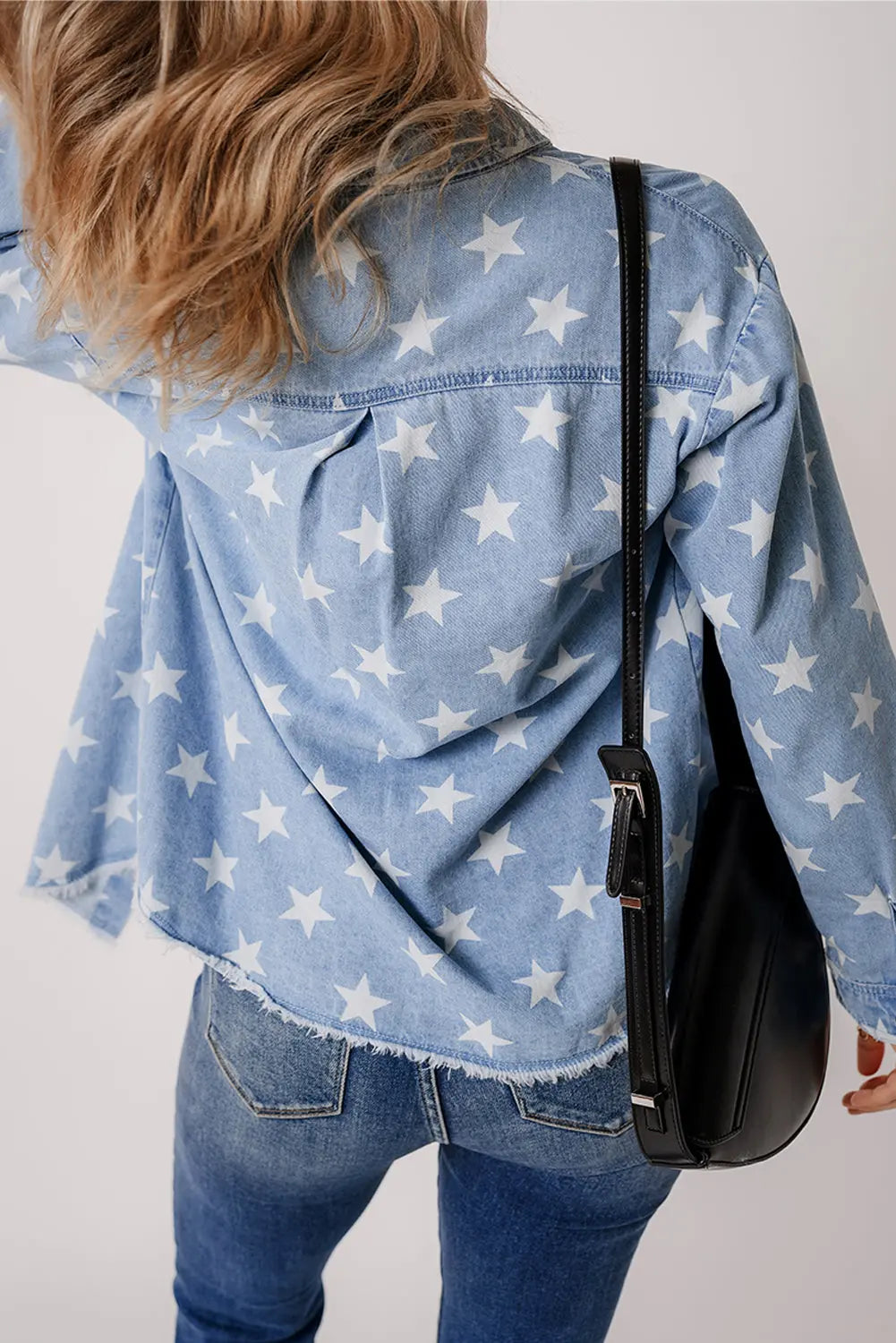 Sky Blue Star Print Light Wash Raw Hem Denim Jacket - eAura