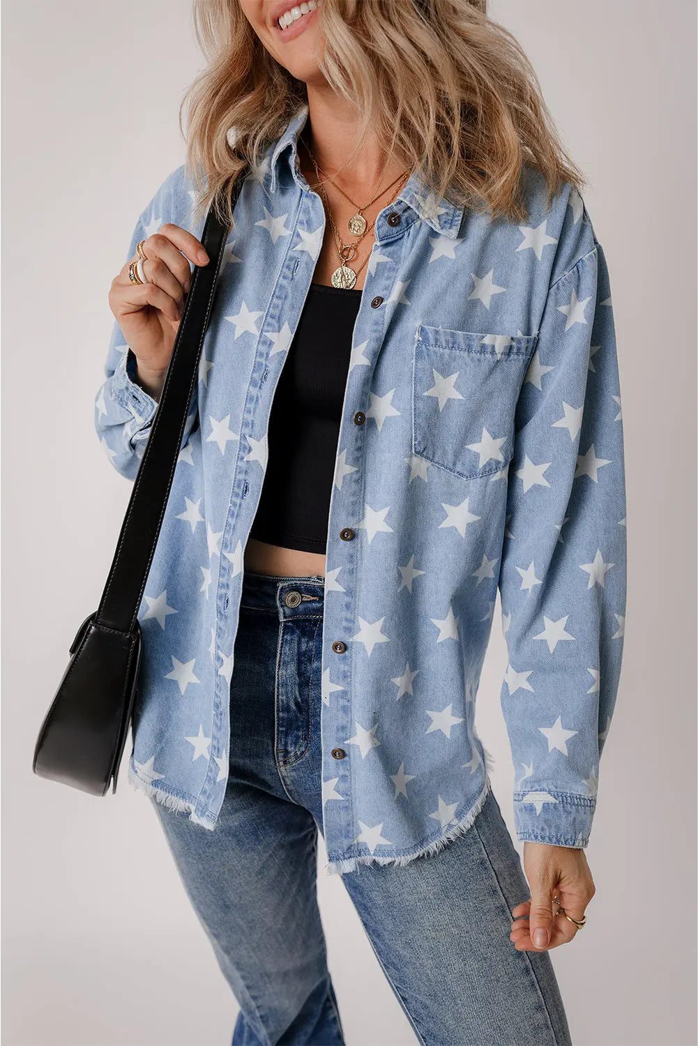 Sky Blue Star Print Light Wash Raw Hem Denim Jacket - eAura
