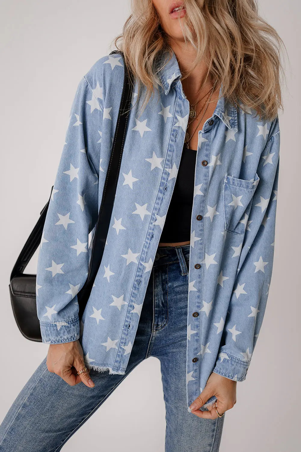 Sky Blue Star Print Light Wash Raw Hem Denim Jacket - eAura