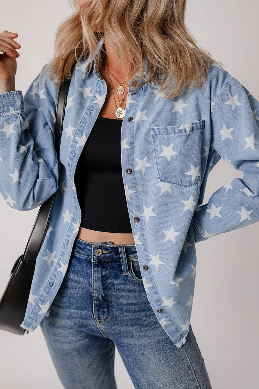 Sky Blue Star Print Light Wash Raw Hem Denim Jacket - eAura