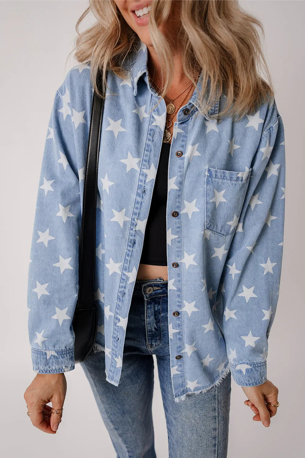 Sky Blue Star Print Light Wash Raw Hem Denim Jacket - eAura