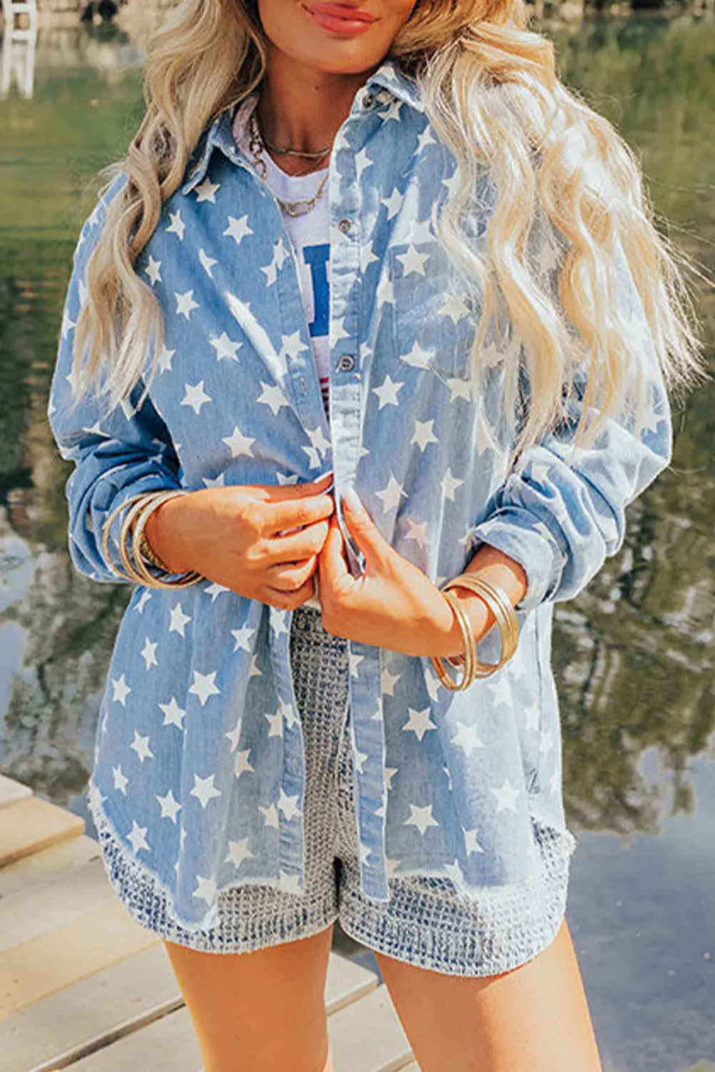Sky Blue Star Print Light Wash Raw Hem Denim Jacket - eAura