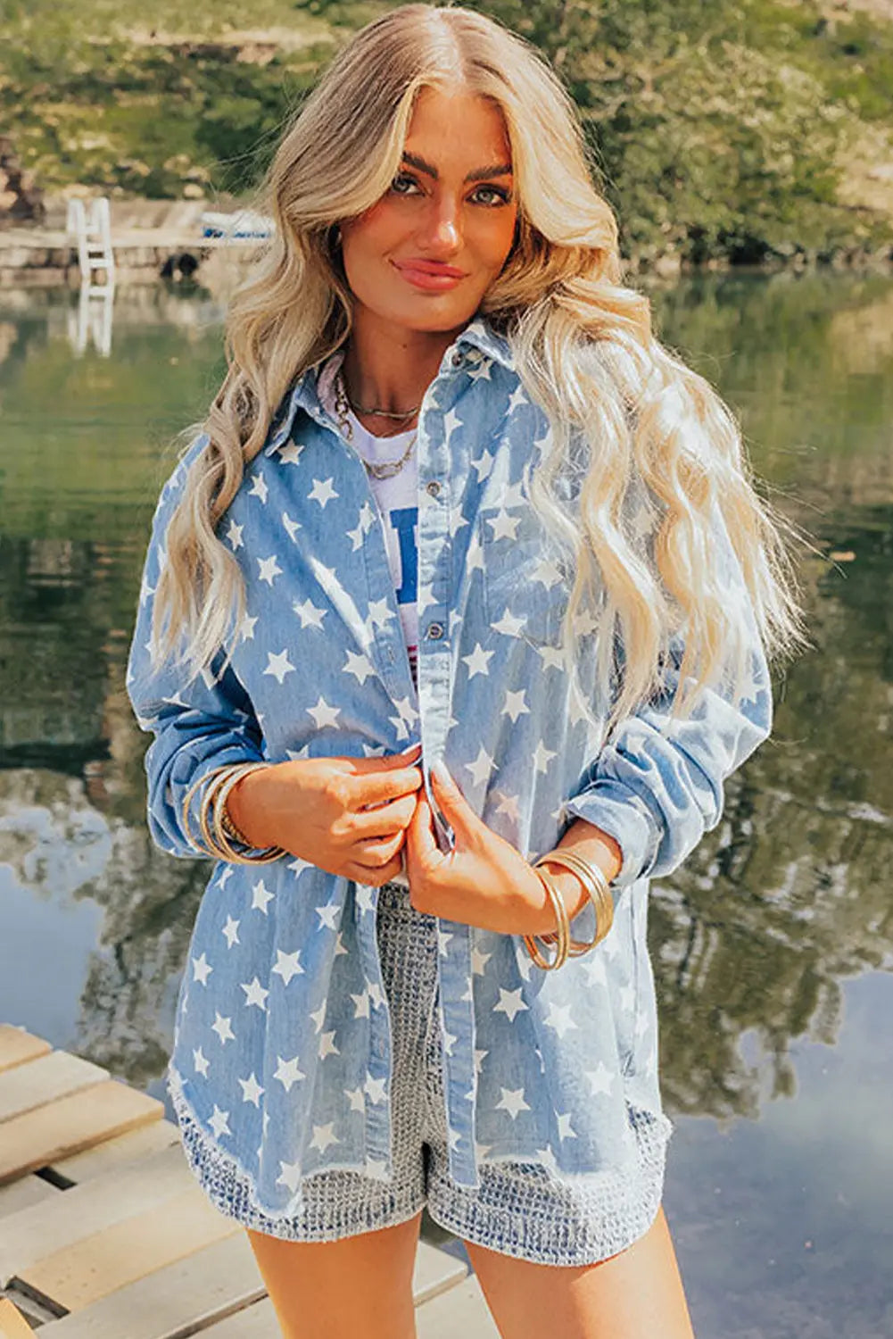 Sky Blue Star Print Light Wash Raw Hem Denim Jacket - eAura