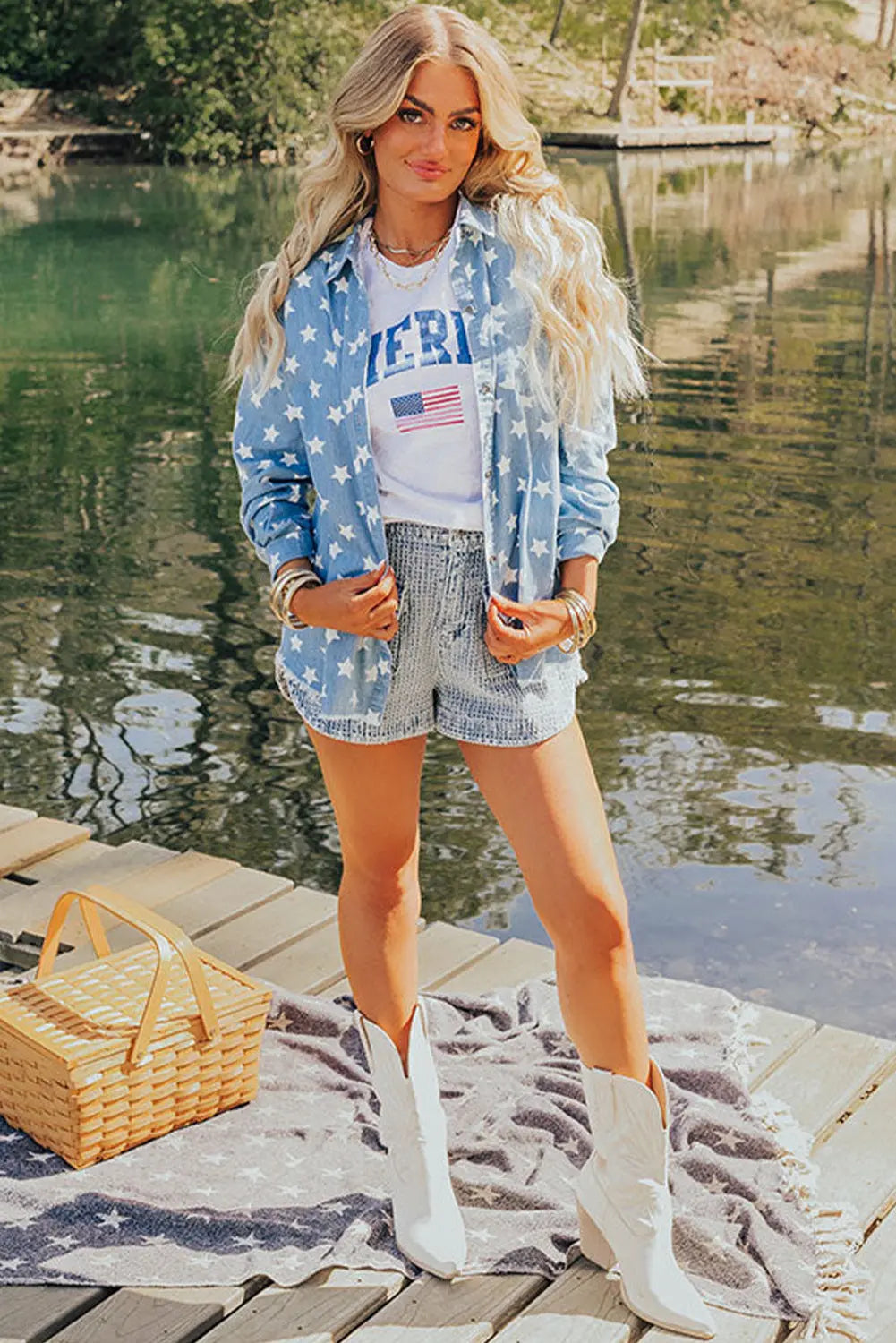 Sky Blue Star Print Light Wash Raw Hem Denim Jacket - eAura