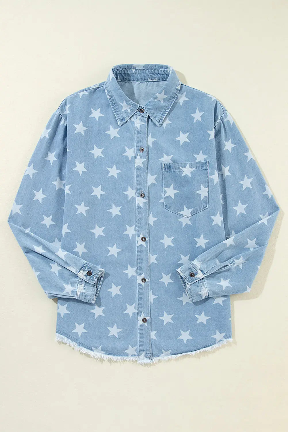 Sky Blue Star Print Light Wash Raw Hem Denim Jacket - eAura