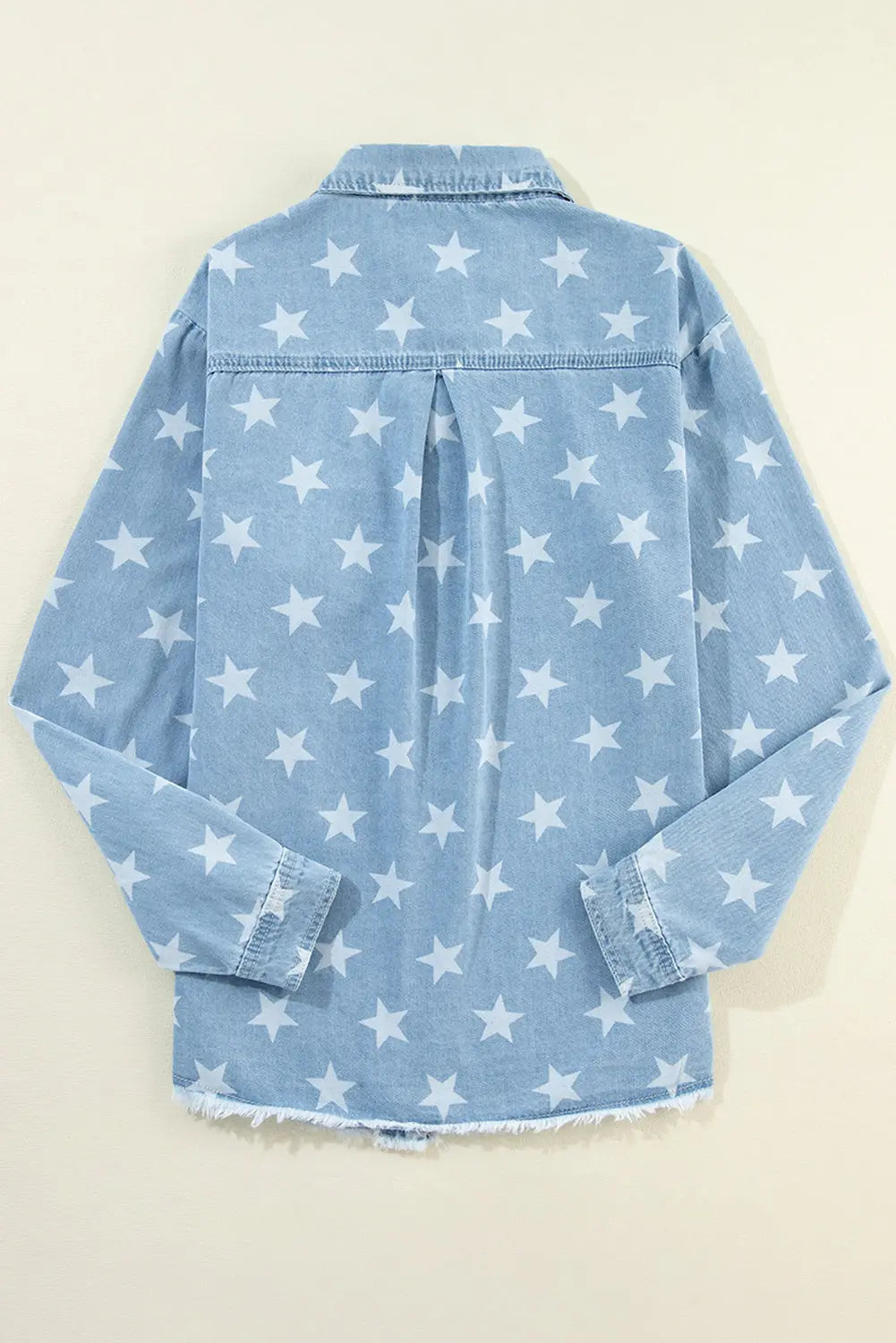 Sky Blue Star Print Light Wash Raw Hem Denim Jacket - eAura