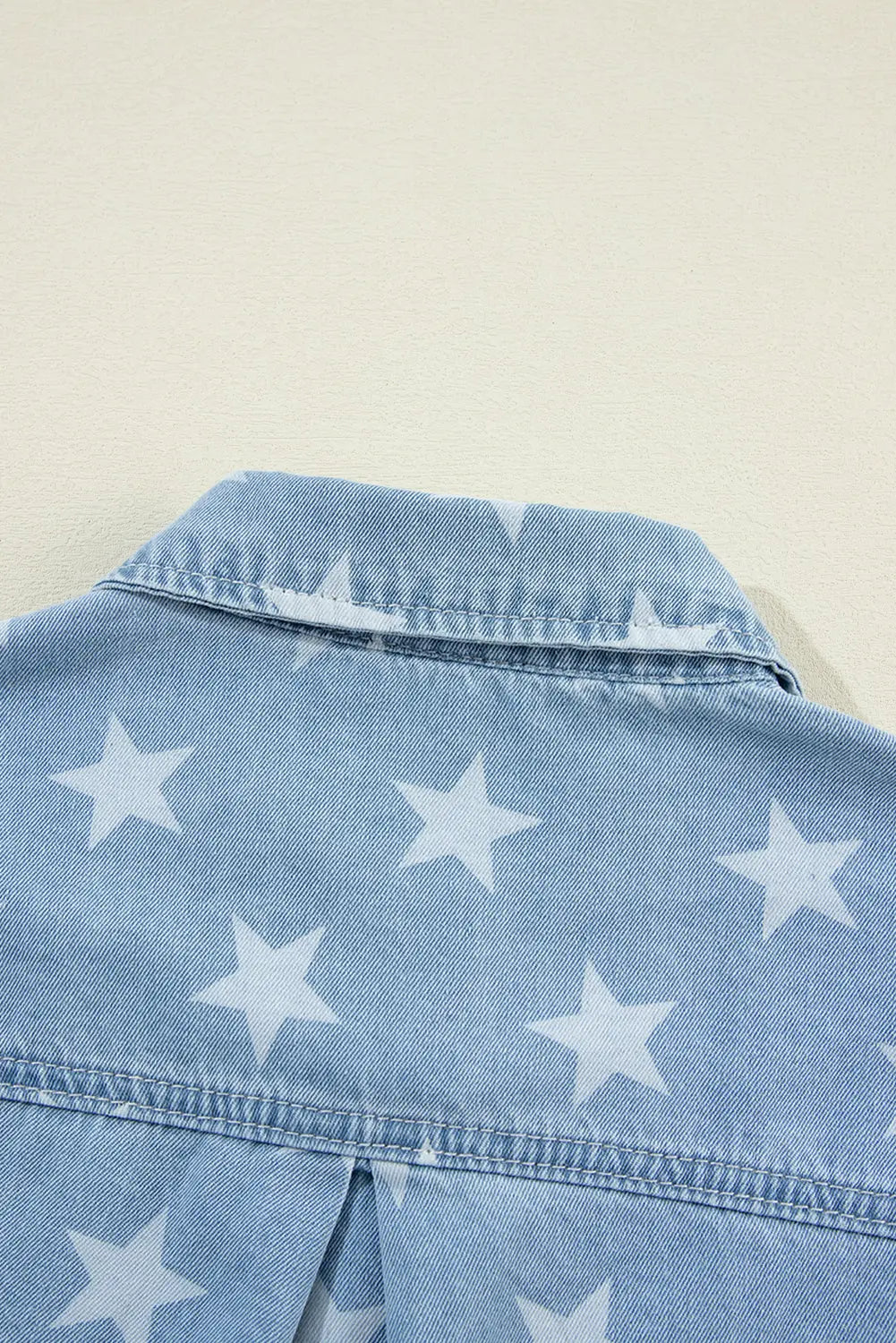 Sky Blue Star Print Light Wash Raw Hem Denim Jacket - eAura