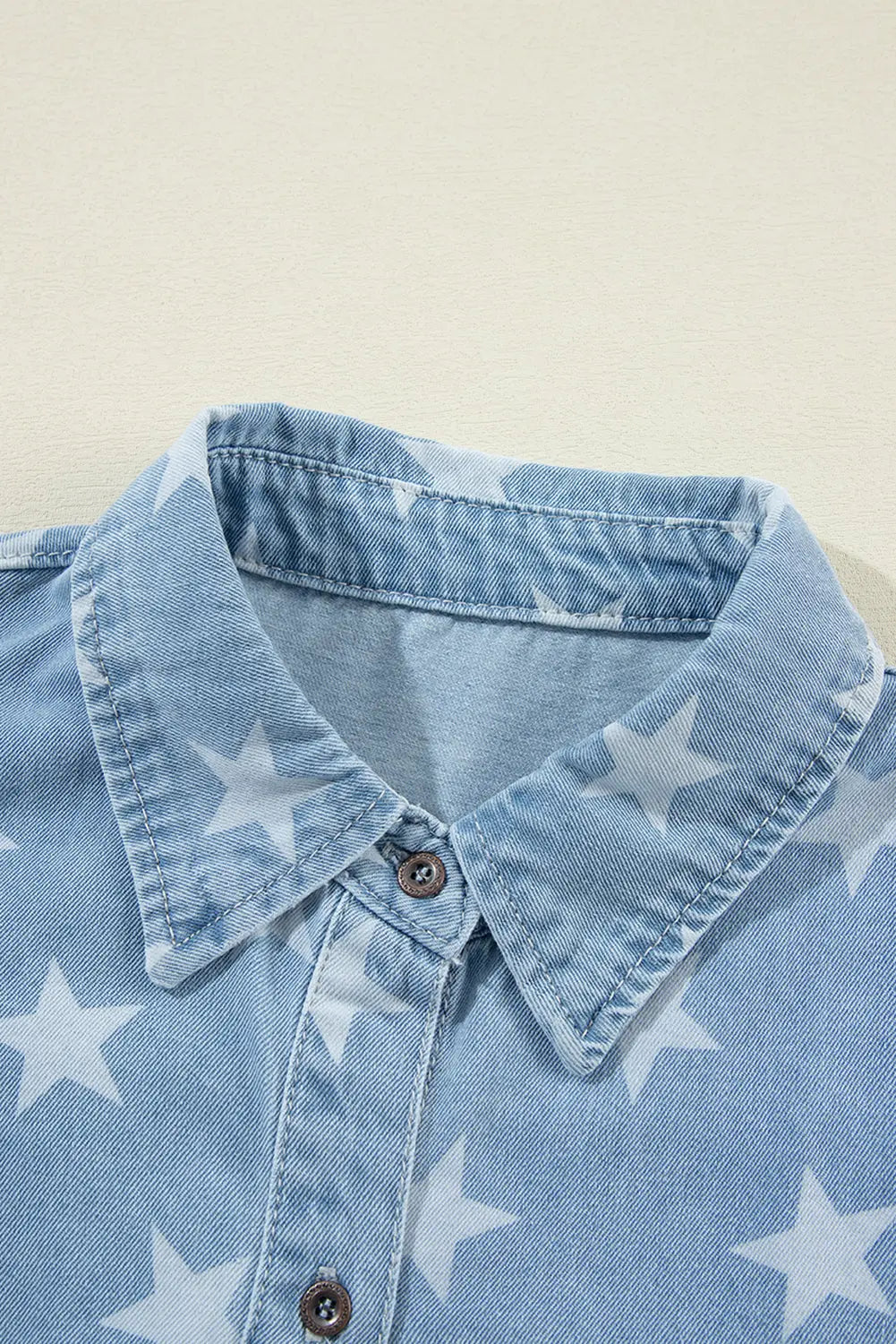Sky Blue Star Print Light Wash Raw Hem Denim Jacket - eAura