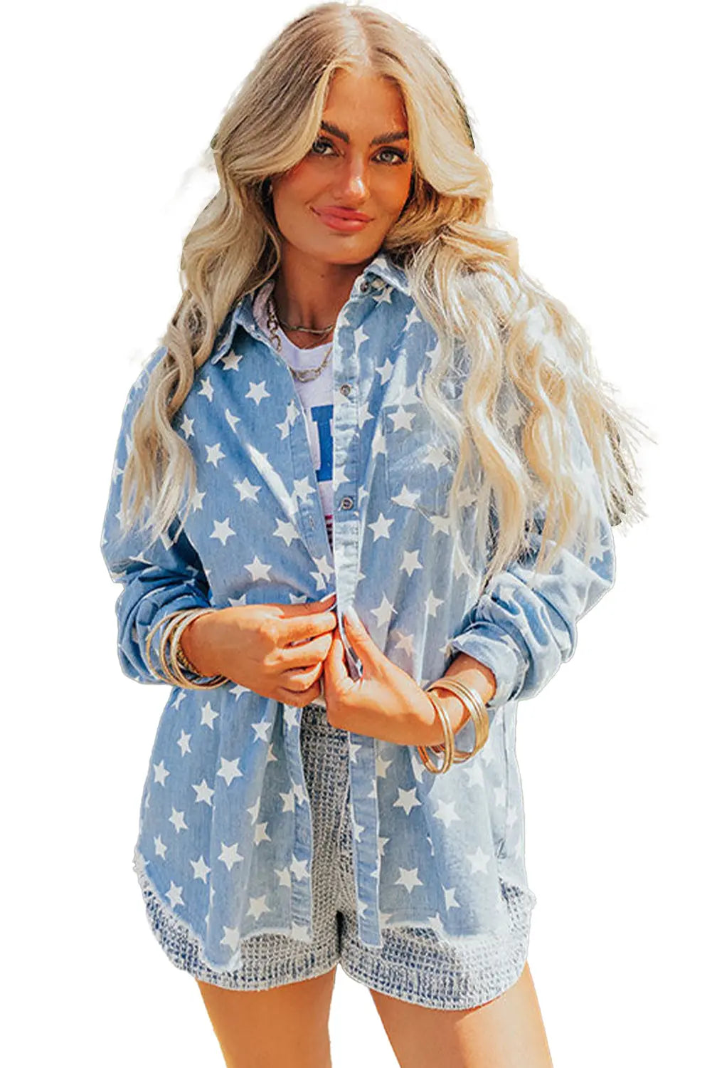 Sky Blue Star Print Light Wash Raw Hem Denim Jacket - eAura