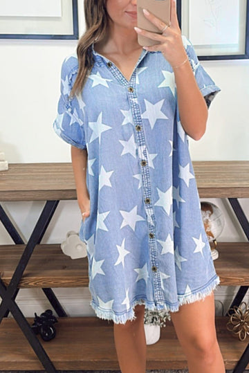 Sky Blue Stars Frayed Hem Collared Short Sleeve Denim Dress - eAura