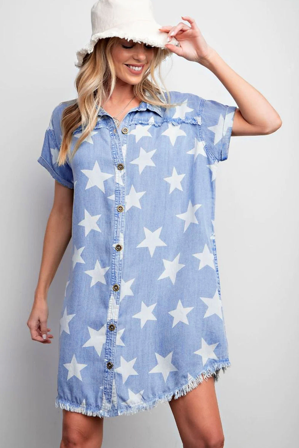 Sky Blue Stars Frayed Hem Collared Short Sleeve Denim Dress - eAura