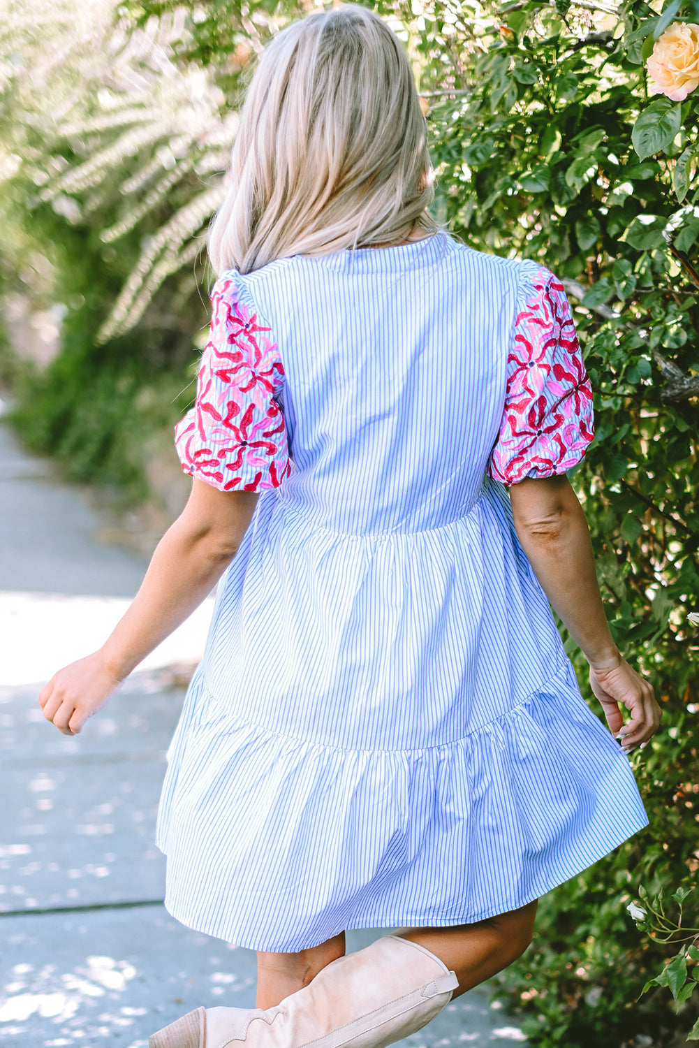 Sky Blue Stripe Contrast Floral Puff Sleeve Tiered Ruffle Dress - eAura