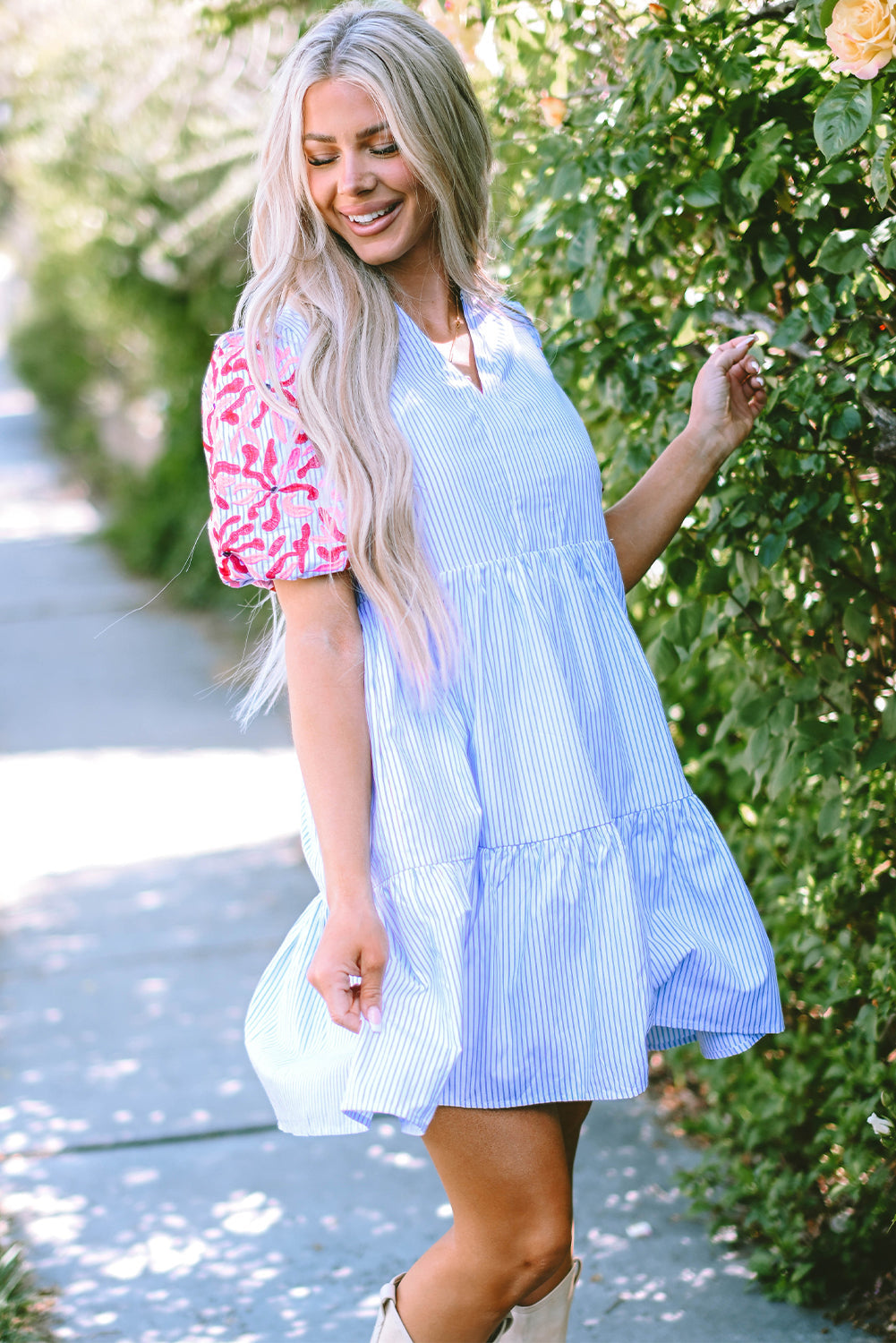 Sky Blue Stripe Contrast Floral Puff Sleeve Tiered Ruffle Dress - eAura