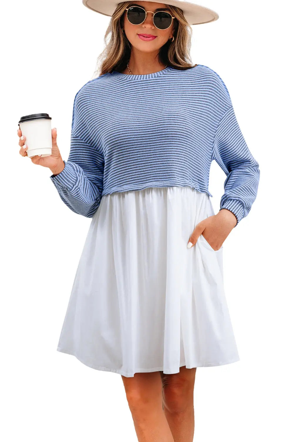 Sky Blue Stripe Patchwork Pleated High Waist Loose Mini Dress - Dresses/Mini Dresses