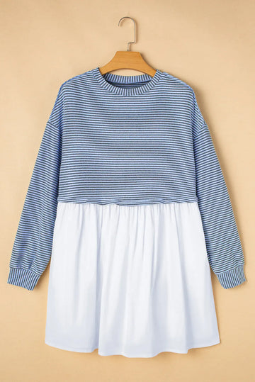 Sky Blue Stripe Patchwork Pleated High Waist Loose Mini Dress - SKY BLUE STRIPE / S / 97% POLYESTER + 3% ELASTANE