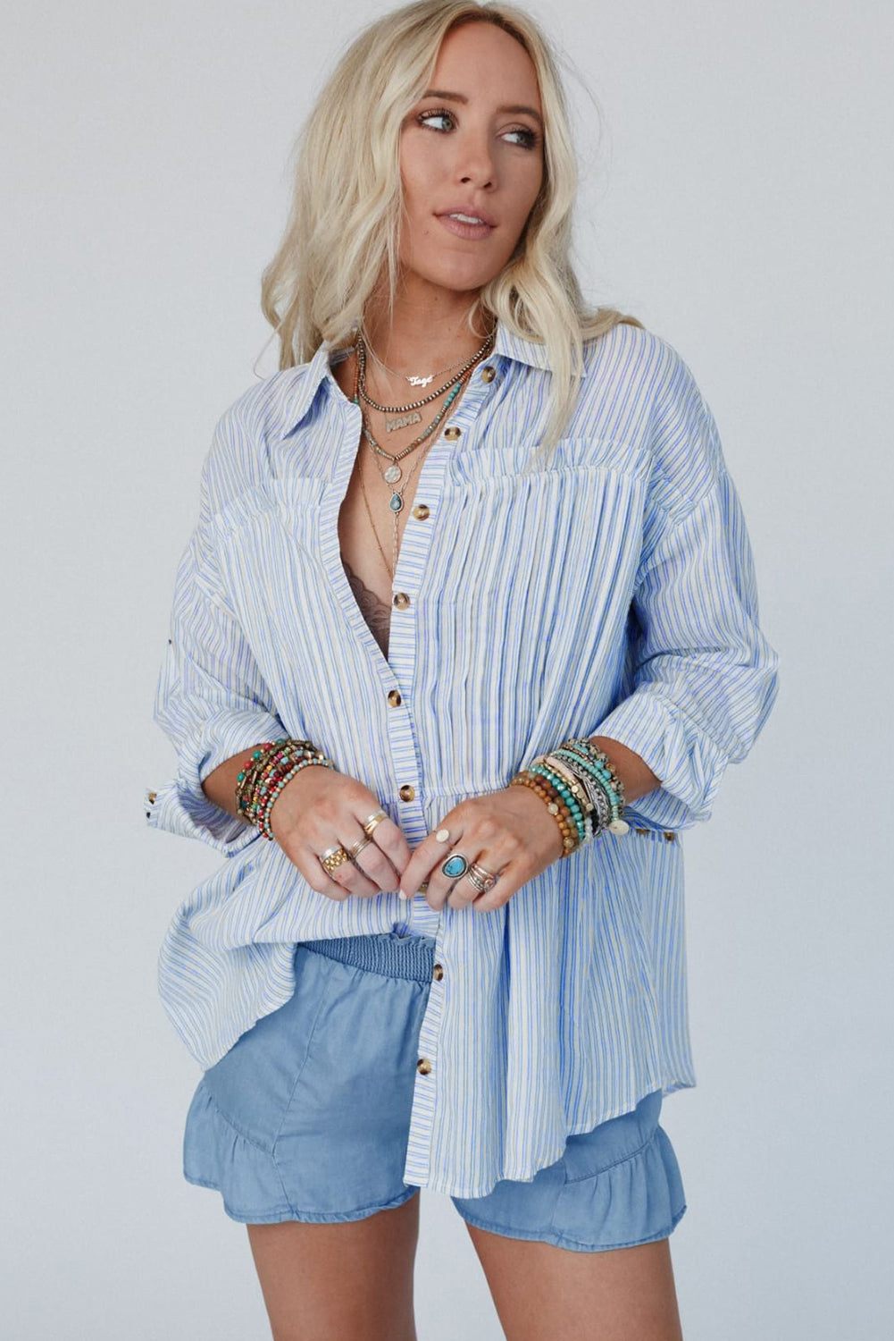 Sky Blue Stripe Striped Buttoned up Long Sleeve Shirt - eAura