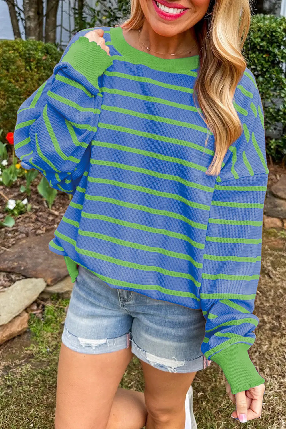 Sky Blue Stripe Trimmed Round Neck Drop Shoulder Loose Sweater Beagle Boutique Fashion Outlet