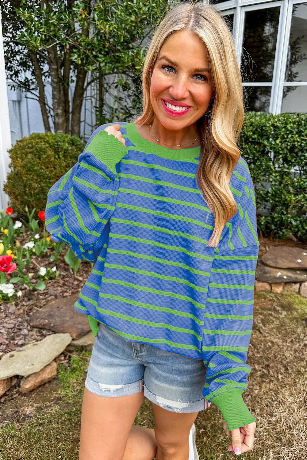 Sky Blue Stripe Trimmed Round Neck Drop Shoulder Loose Sweater Beagle Boutique Fashion Outlet
