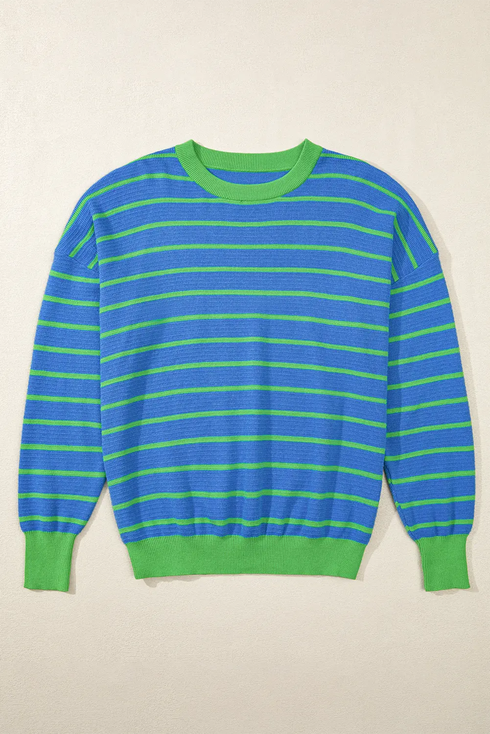 Sky Blue Stripe Trimmed Round Neck Drop Shoulder Loose Sweater Beagle Boutique Fashion Outlet