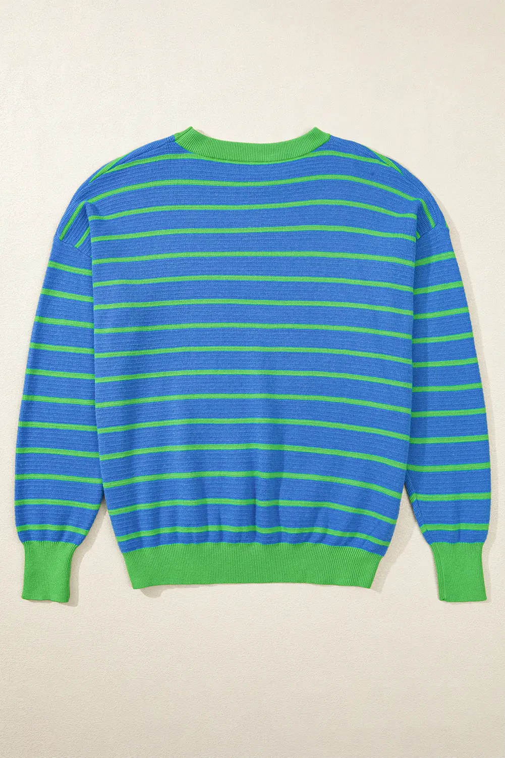 Sky Blue Stripe Trimmed Round Neck Drop Shoulder Loose Sweater Beagle Boutique Fashion Outlet