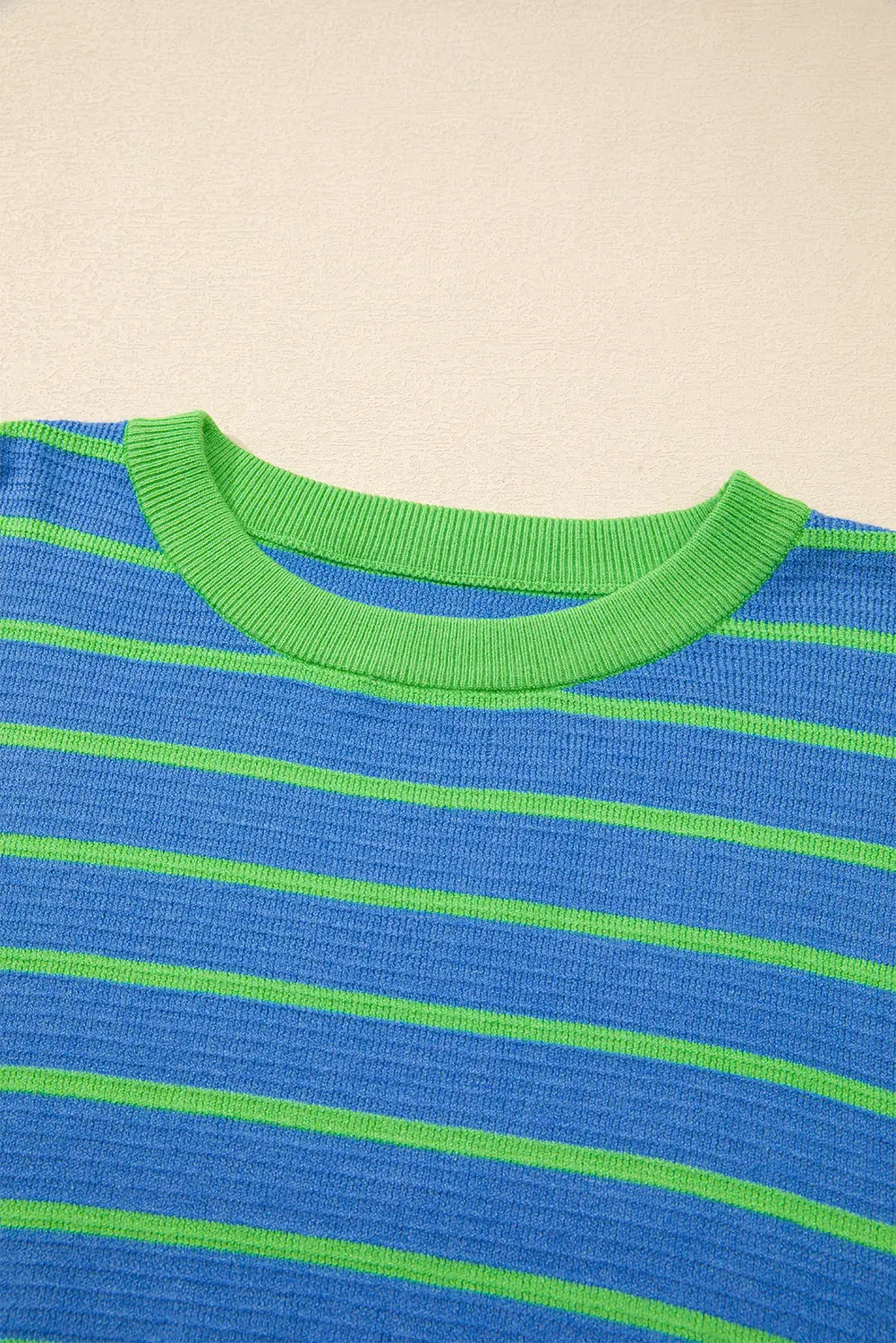 Sky Blue Stripe Trimmed Round Neck Drop Shoulder Loose Sweater Beagle Boutique Fashion Outlet