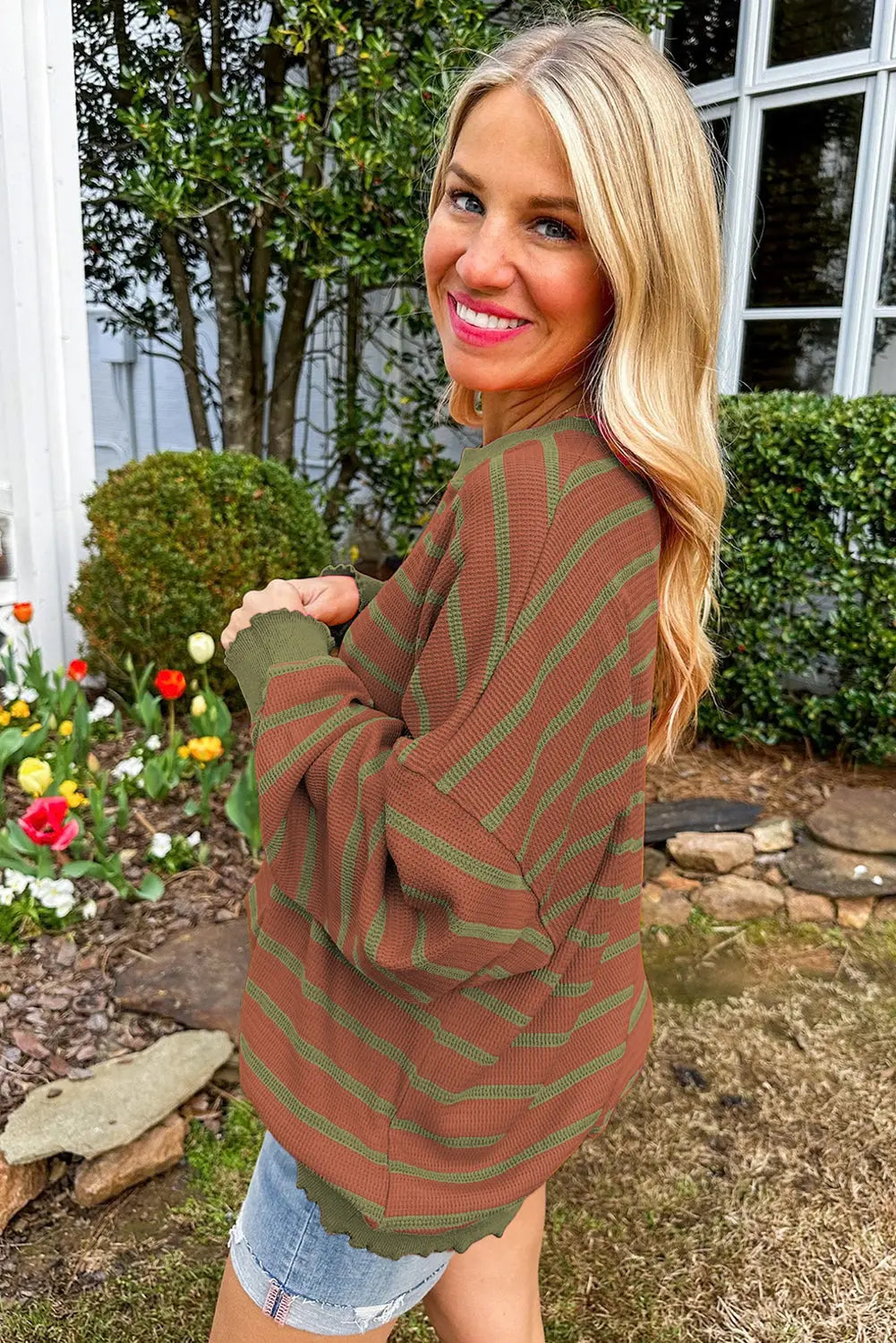 Sky Blue Stripe Trimmed Round Neck Drop Shoulder Loose Sweater Beagle Boutique Fashion Outlet
