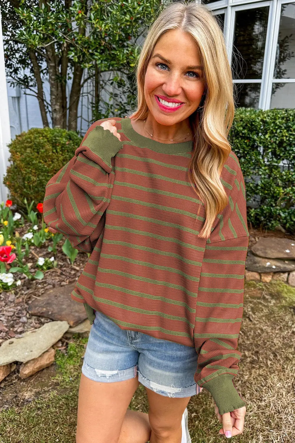 Sky Blue Stripe Trimmed Round Neck Drop Shoulder Loose Sweater Beagle Boutique Fashion Outlet