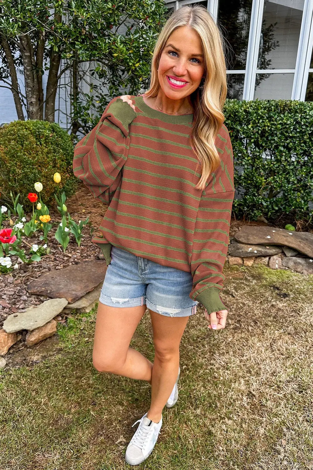 Sky Blue Stripe Trimmed Round Neck Drop Shoulder Loose Sweater Beagle Boutique Fashion Outlet