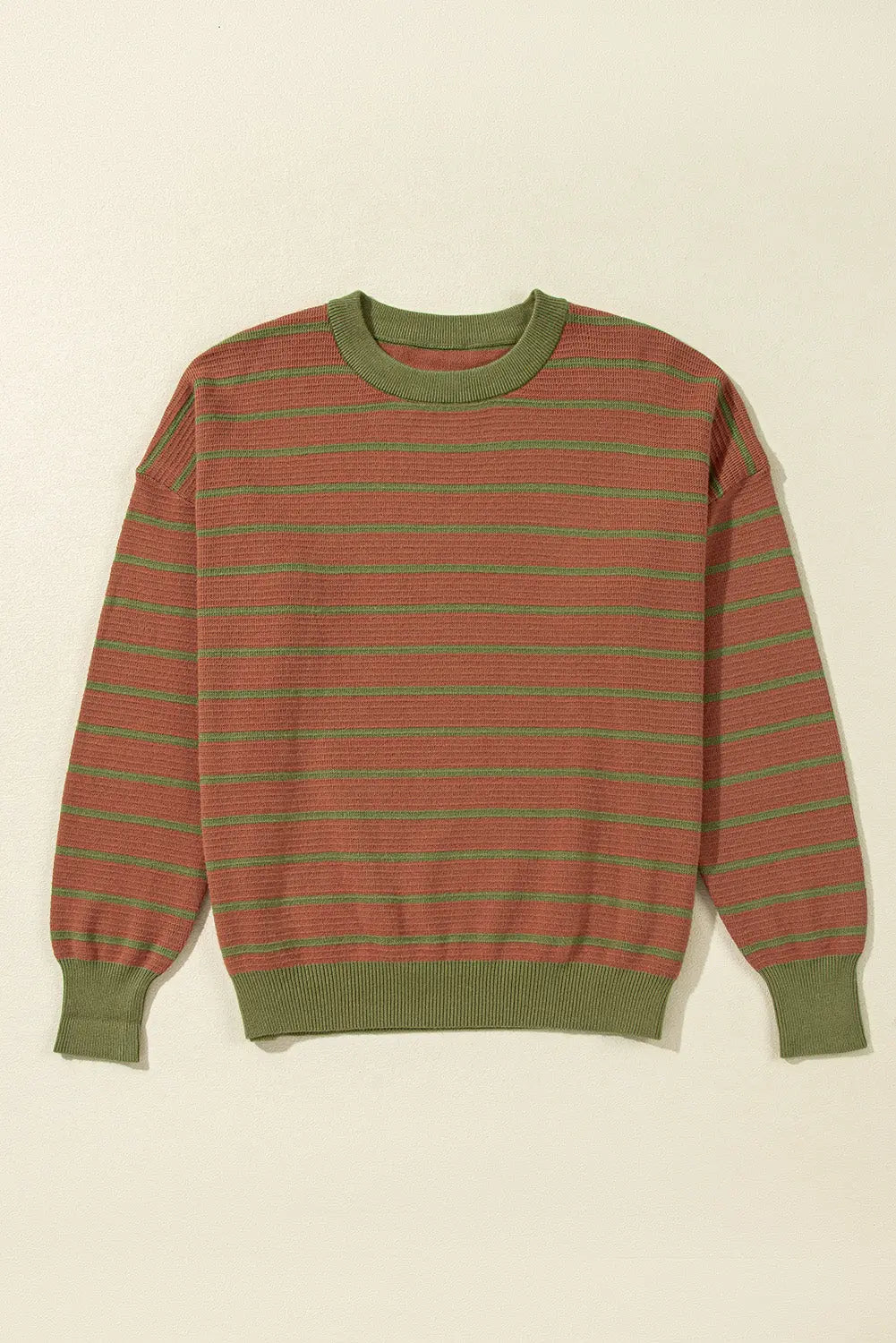 Sky Blue Stripe Trimmed Round Neck Drop Shoulder Loose Sweater Beagle Boutique Fashion Outlet