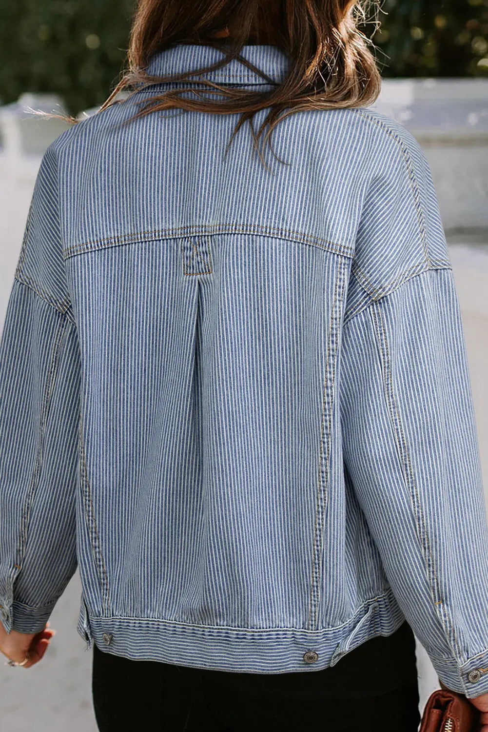 Sky Blue Stripe Washed Oversize Pocketed Denim Jacket eAura