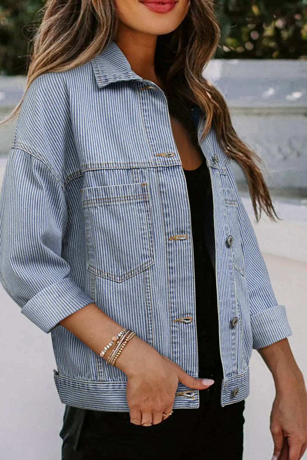 Sky Blue Stripe Washed Oversize Pocketed Denim Jacket eAura