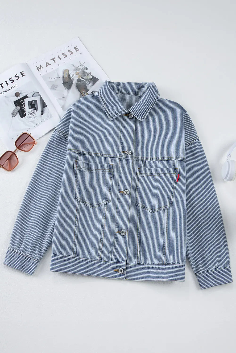 Sky Blue Stripe Washed Oversize Pocketed Denim Jacket eAura