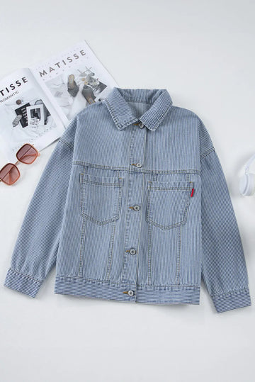 Sky Blue Stripe Washed Oversize Pocketed Denim Jacket - Outerwear/Denim jackets