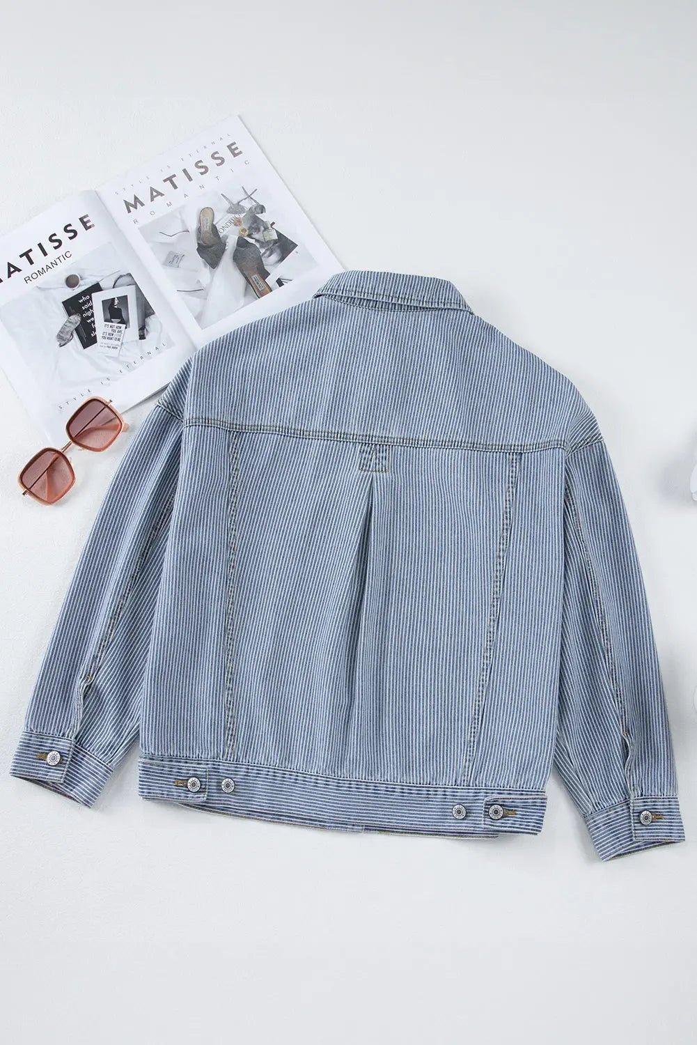 Sky Blue Stripe Washed Oversize Pocketed Denim Jacket eAura