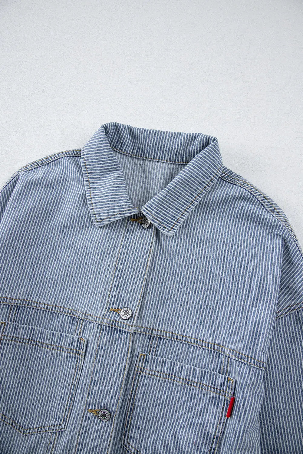 Sky Blue Stripe Washed Oversize Pocketed Denim Jacket eAura