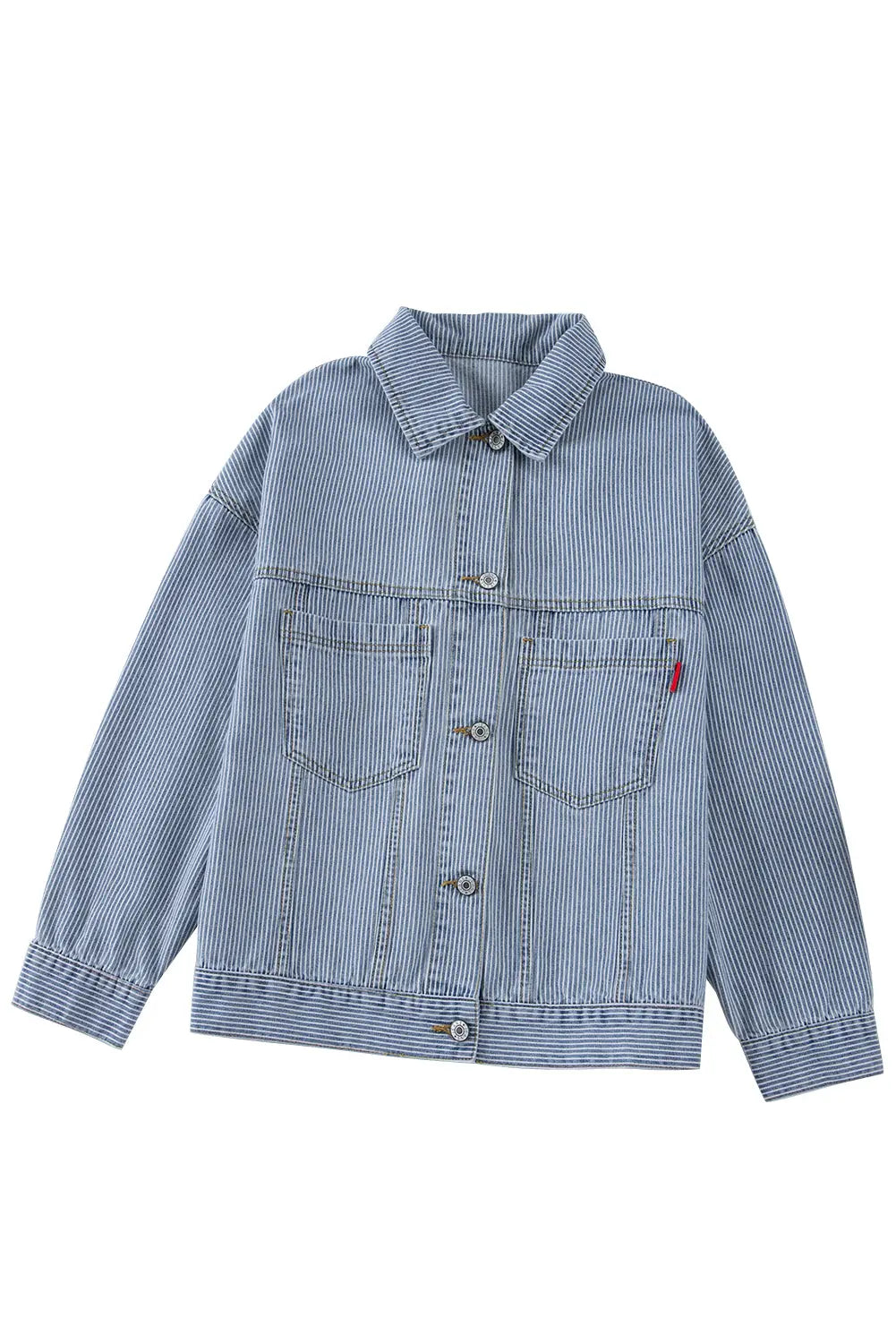 Sky Blue Stripe Washed Oversize Pocketed Denim Jacket eAura