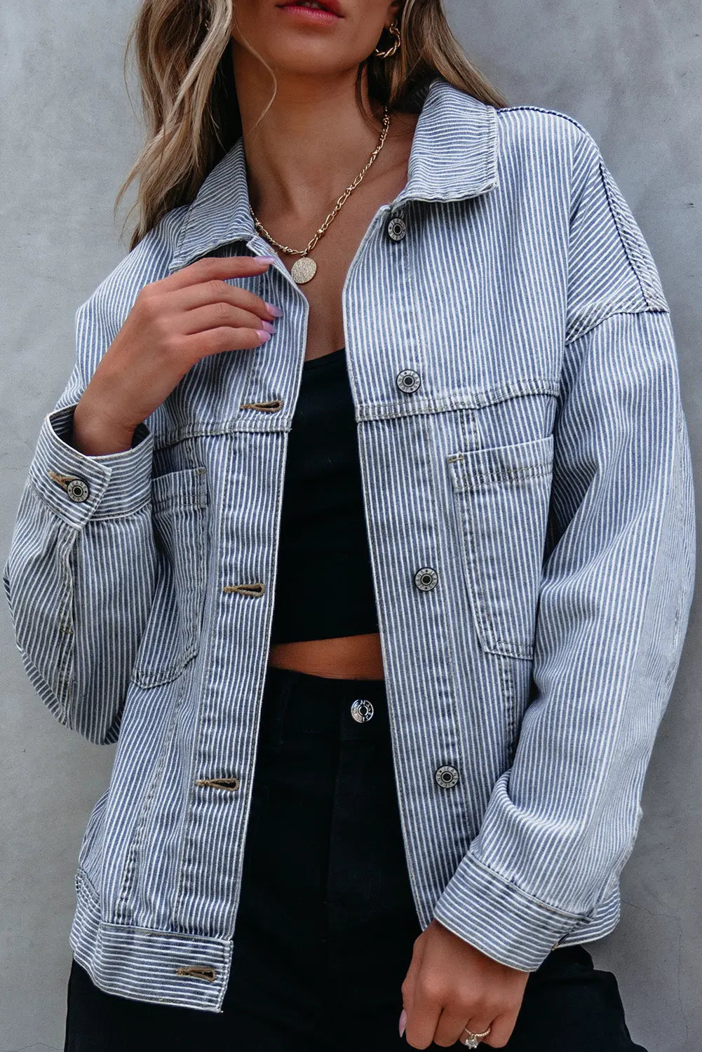 Sky Blue Stripe Washed Oversize Pocketed Denim Jacket eAura