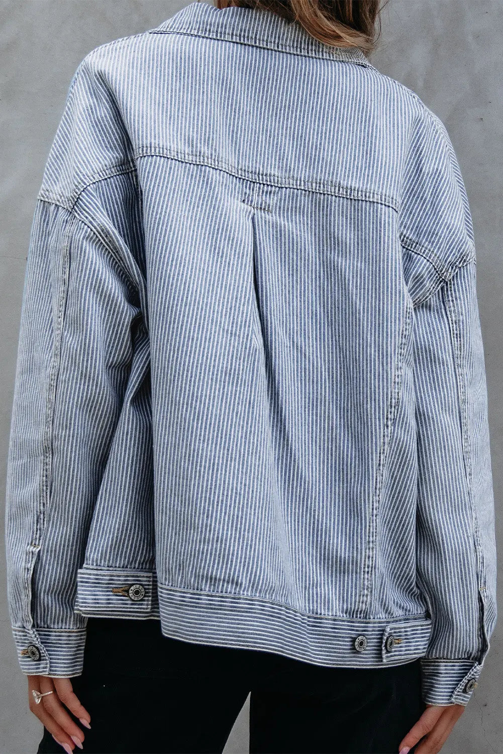 Sky Blue Stripe Washed Oversize Pocketed Denim Jacket eAura