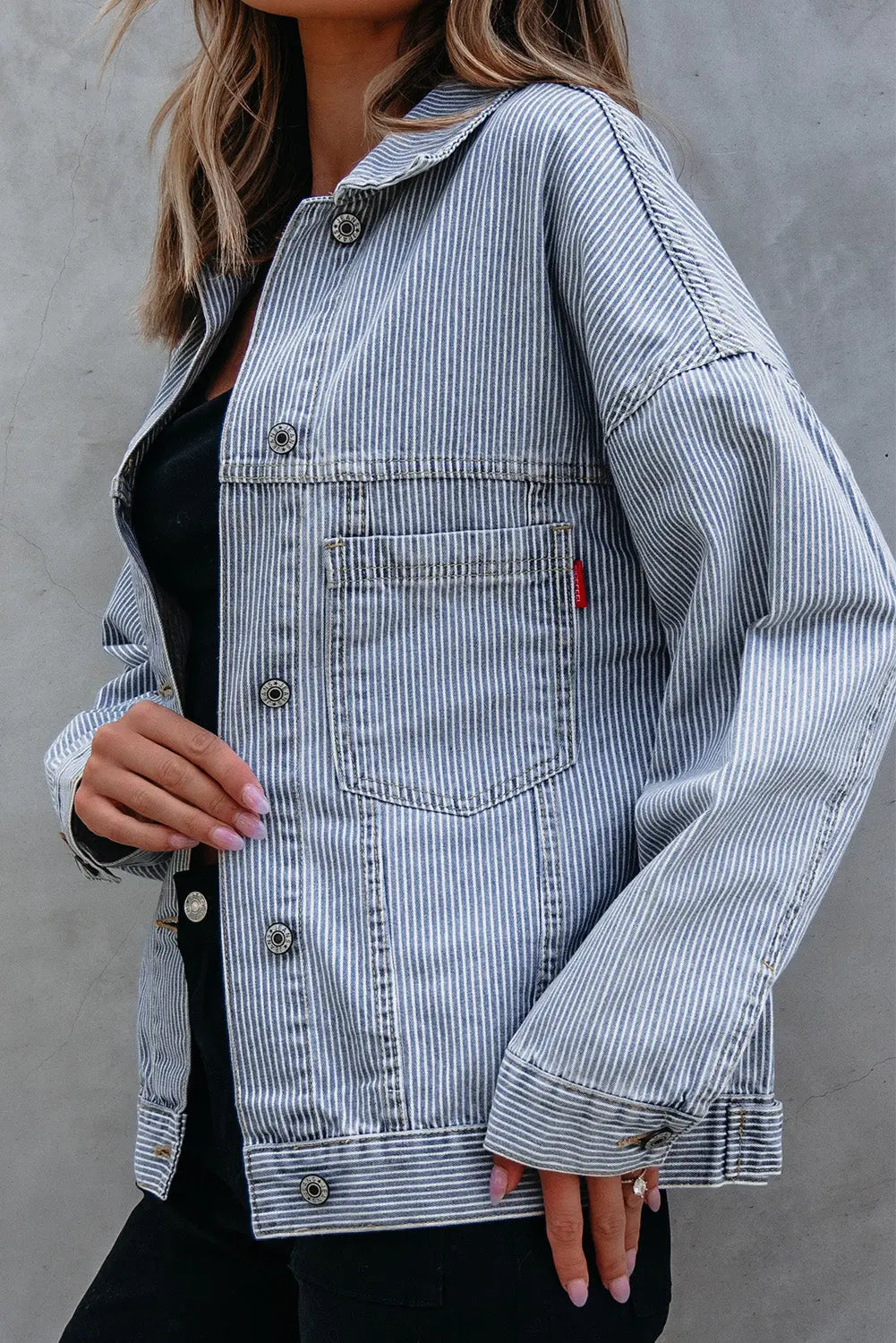 Sky Blue Stripe Washed Oversize Pocketed Denim Jacket eAura