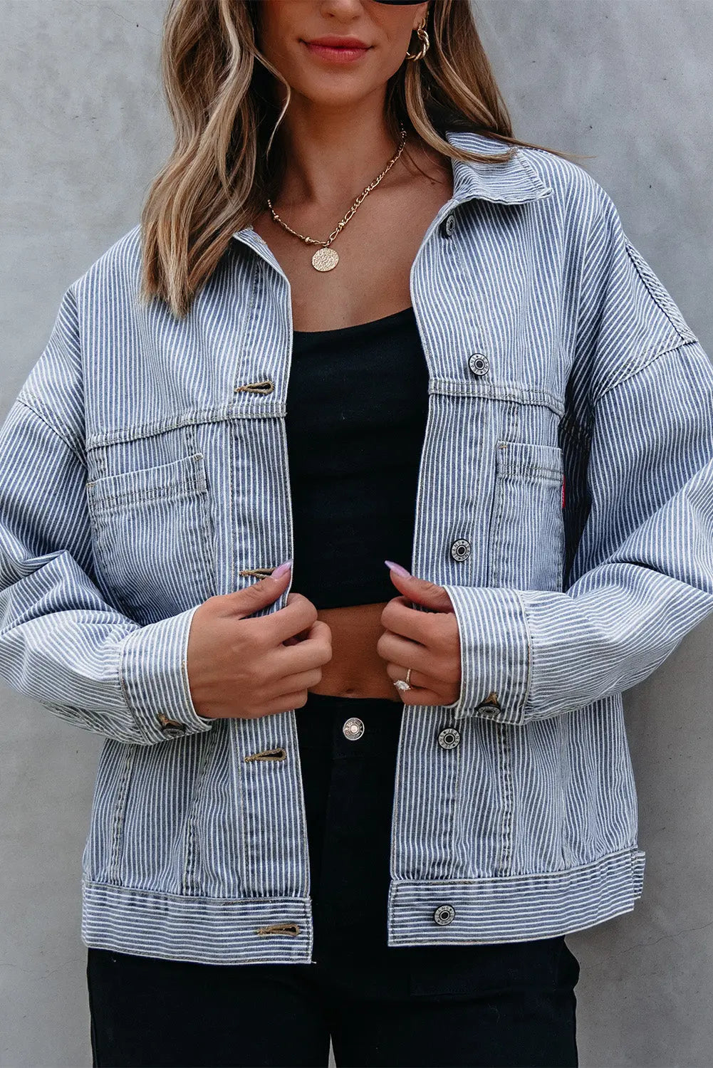 Sky Blue Stripe Washed Oversize Pocketed Denim Jacket eAura